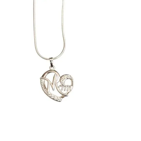 Mom Mother Sterling Silver 925 Heart Gem Pendant on Snake Rope Chain Necklace - Picture 3 of 14